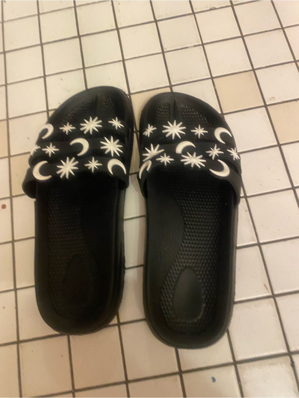 Unisex Black Slide Sandals with White Moon & Star Pattern